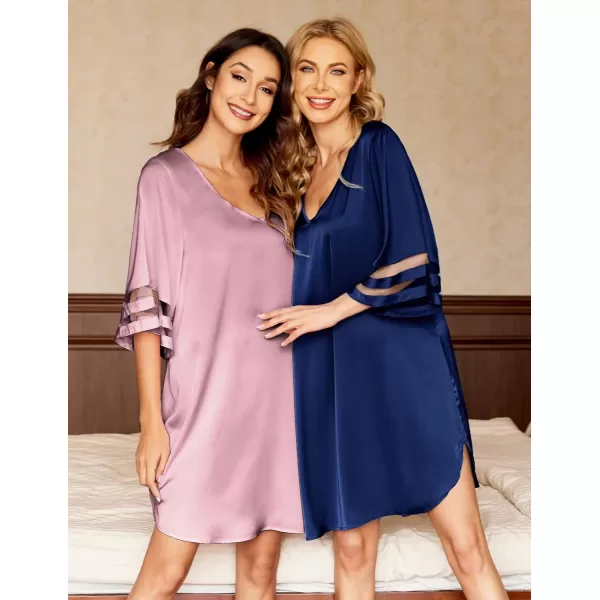 imageEkouaer Satin Nightgown for Women 34 Sleeve Silk Sleep Shirt V Neck Knee Length Sleep DressNavy Blue