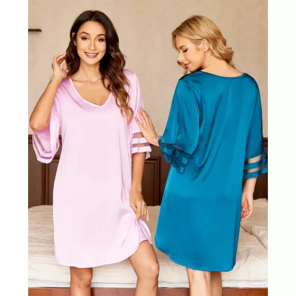 imageEkouaer Satin Nightgown for Women 34 Sleeve Silk Sleep Shirt V Neck Knee Length Sleep DressPink