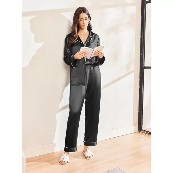 imageEkouaer Silk Pajamas for Women Classic Button Down Satin Pajama Sets Long Sleeve Lounge SetBlack