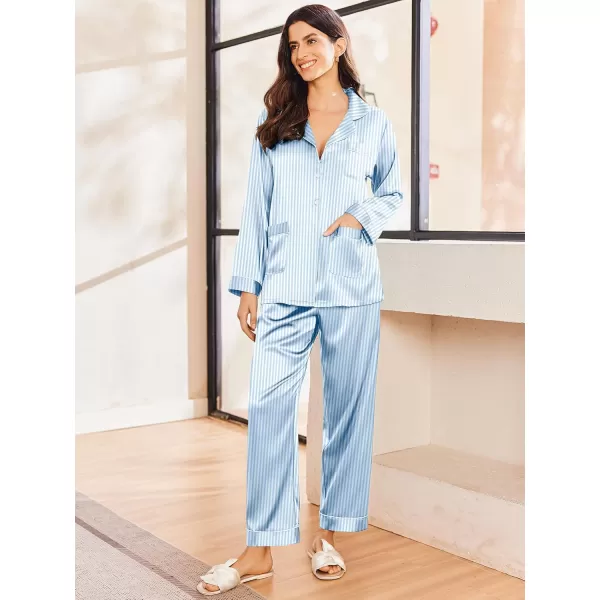 imageEkouaer Silk Pajamas for Women Classic Button Down Satin Pajama Sets Long Sleeve Lounge SetBlue Striped