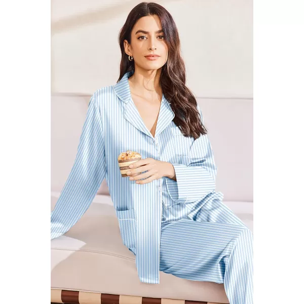 imageEkouaer Silk Pajamas for Women Classic Button Down Satin Pajama Sets Long Sleeve Lounge SetBlue Striped