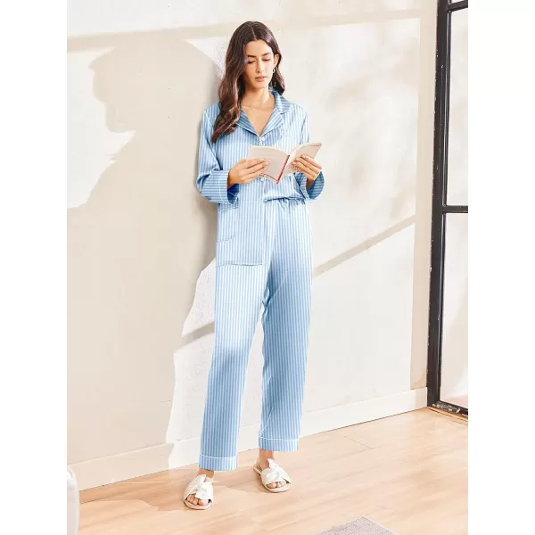 imageEkouaer Silk Pajamas for Women Classic Button Down Satin Pajama Sets Long Sleeve Lounge SetBlue Striped