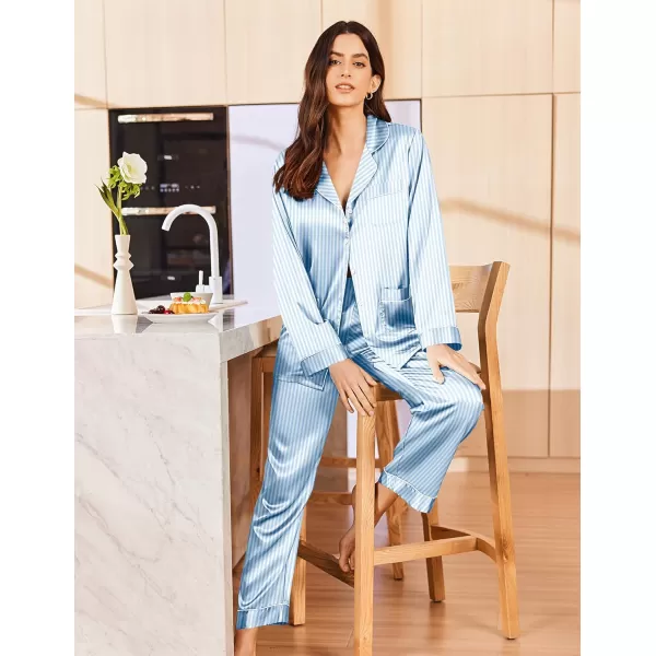 imageEkouaer Silk Pajamas for Women Classic Button Down Satin Pajama Sets Long Sleeve Lounge SetBlue Striped