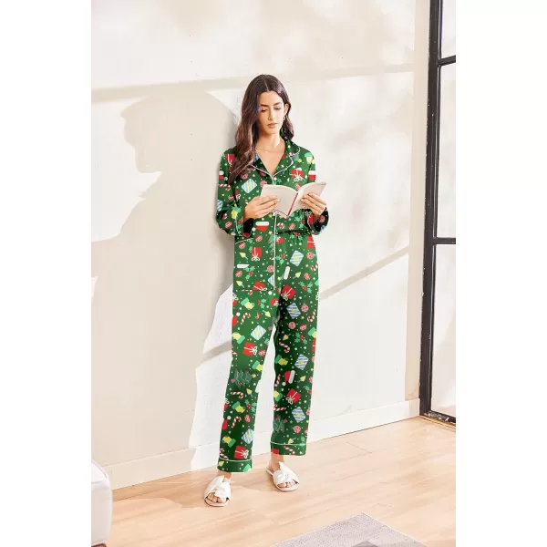 imageEkouaer Silk Pajamas for Women Classic Button Down Satin Pajama Sets Long Sleeve Lounge SetGreen Chirstmas Pattern