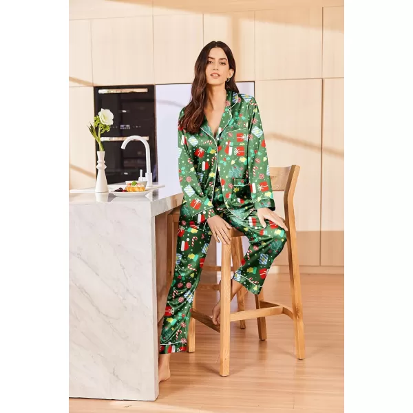 imageEkouaer Silk Pajamas for Women Classic Button Down Satin Pajama Sets Long Sleeve Lounge SetGreen Chirstmas Pattern