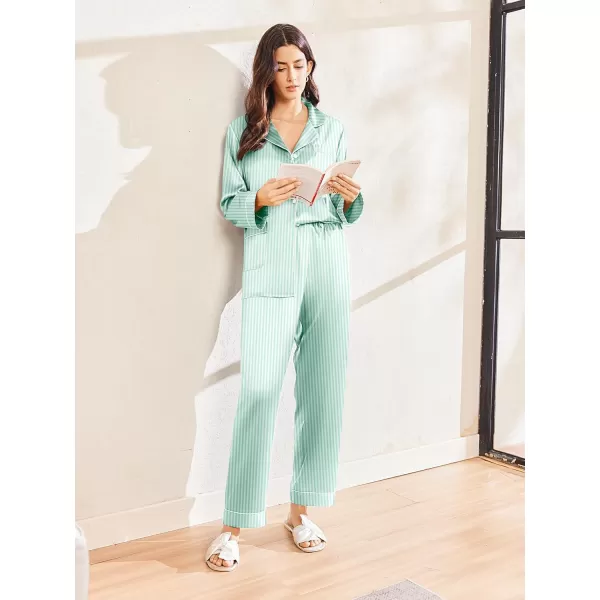 imageEkouaer Silk Pajamas for Women Classic Button Down Satin Pajama Sets Long Sleeve Lounge SetGreen Striped