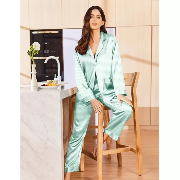 imageEkouaer Silk Pajamas for Women Classic Button Down Satin Pajama Sets Long Sleeve Lounge SetGreen Striped