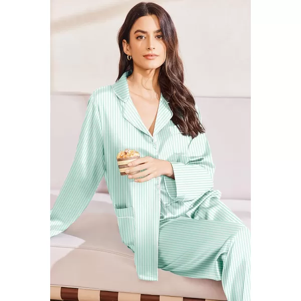 imageEkouaer Silk Pajamas for Women Classic Button Down Satin Pajama Sets Long Sleeve Lounge SetGreen Striped