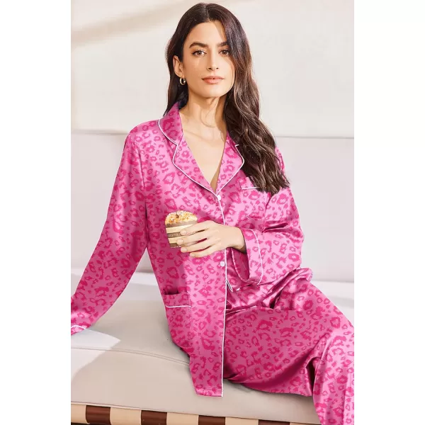 imageEkouaer Silk Pajamas for Women Classic Button Down Satin Pajama Sets Long Sleeve Lounge SetHot Pink Leopard