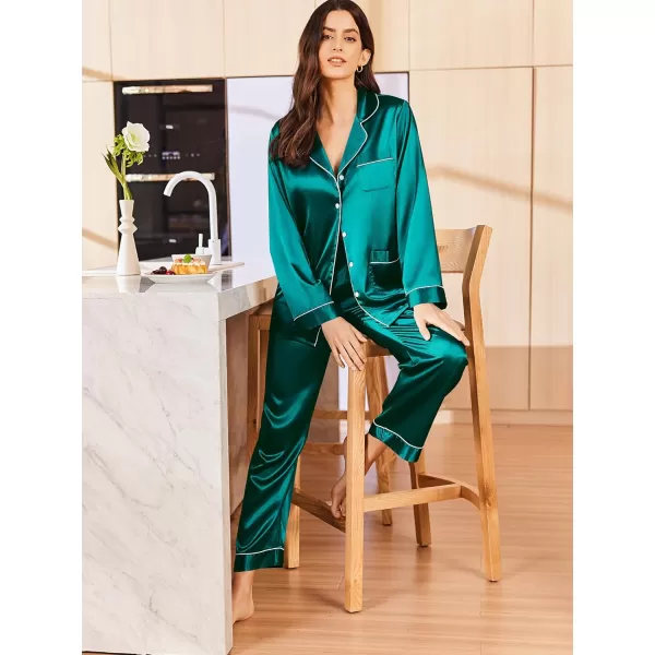 imageEkouaer Silk Pajamas for Women Classic Button Down Satin Pajama Sets Long Sleeve Lounge SetLake Blue