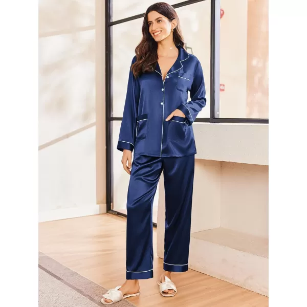 imageEkouaer Silk Pajamas for Women Classic Button Down Satin Pajama Sets Long Sleeve Lounge SetNavy