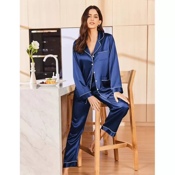 imageEkouaer Silk Pajamas for Women Classic Button Down Satin Pajama Sets Long Sleeve Lounge SetNavy