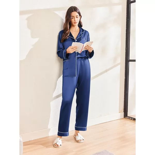 imageEkouaer Silk Pajamas for Women Classic Button Down Satin Pajama Sets Long Sleeve Lounge SetNavy