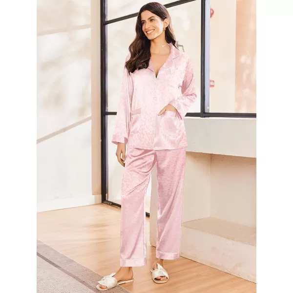 imageEkouaer Silk Pajamas for Women Classic Button Down Satin Pajama Sets Long Sleeve Lounge SetPink Leopard