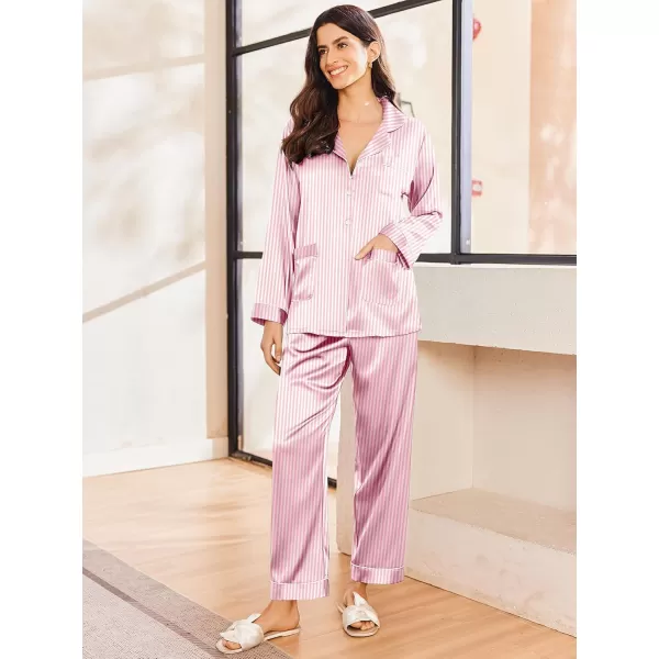 imageEkouaer Silk Pajamas for Women Classic Button Down Satin Pajama Sets Long Sleeve Lounge SetPink Striped