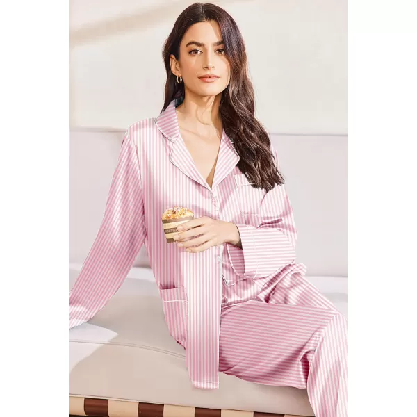 imageEkouaer Silk Pajamas for Women Classic Button Down Satin Pajama Sets Long Sleeve Lounge SetPink Striped