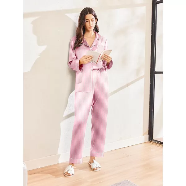 imageEkouaer Silk Pajamas for Women Classic Button Down Satin Pajama Sets Long Sleeve Lounge SetPink Striped