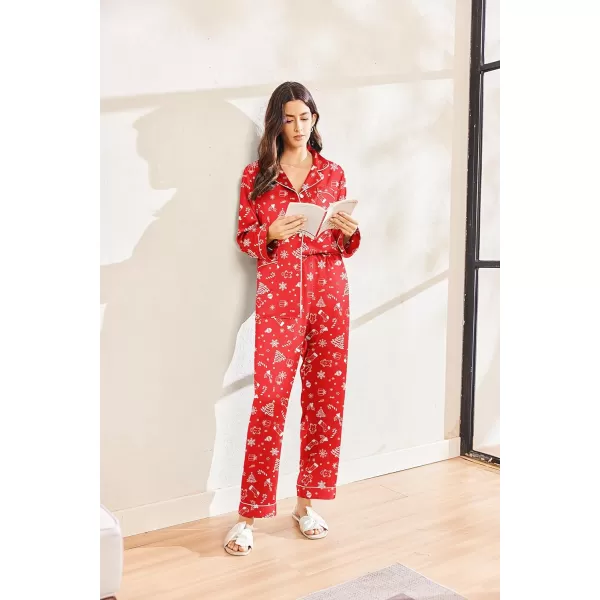 imageEkouaer Silk Pajamas for Women Classic Button Down Satin Pajama Sets Long Sleeve Lounge SetRed Chirstmas Pattern