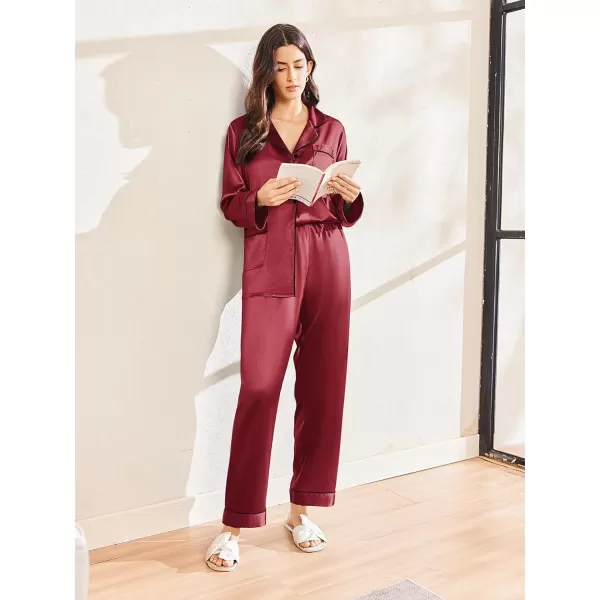 imageEkouaer Silk Pajamas for Women Classic Button Down Satin Pajama Sets Long Sleeve Lounge SetWine Red