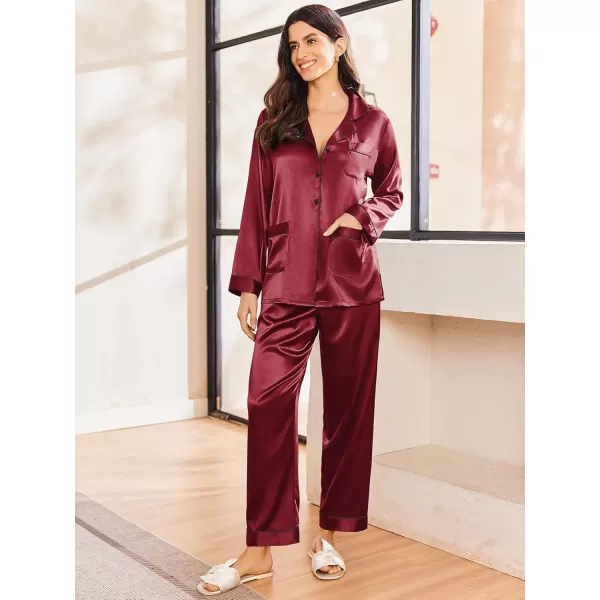 imageEkouaer Silk Pajamas for Women Classic Button Down Satin Pajama Sets Long Sleeve Lounge SetWine Red