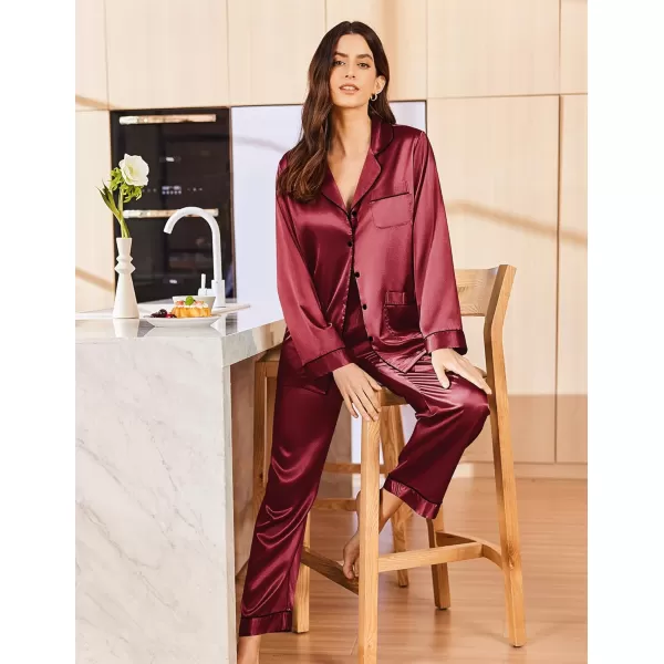 imageEkouaer Silk Pajamas for Women Classic Button Down Satin Pajama Sets Long Sleeve Lounge SetWine Red