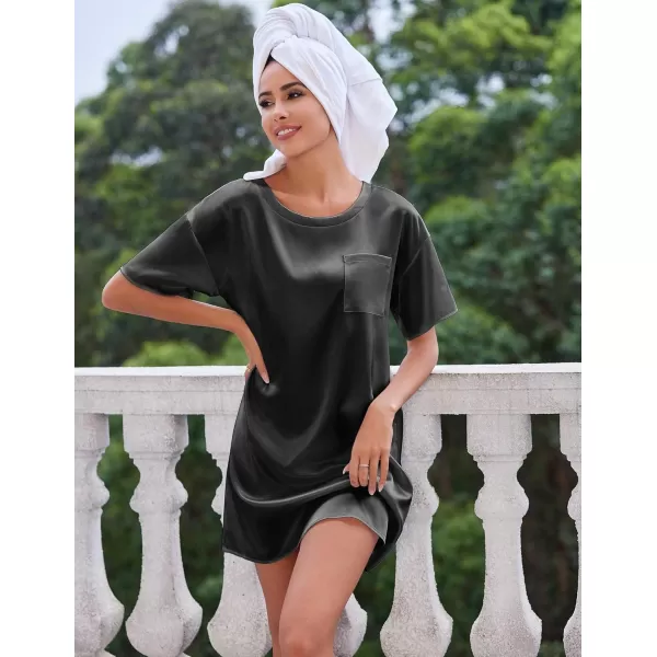 imageEkouaer Silk Sleep Shirts for Women Satin Nightshirt Tshirt Nightgown Sleepwear Shirt Dress With Chest Pocket S2XLBlack