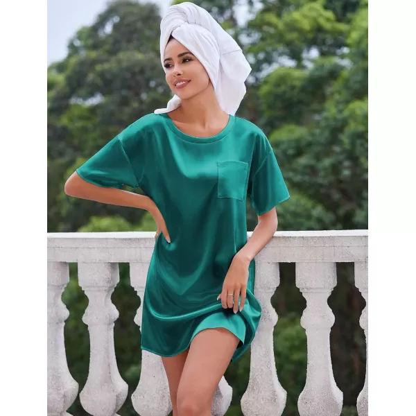 imageEkouaer Silk Sleep Shirts for Women Satin Nightshirt Tshirt Nightgown Sleepwear Shirt Dress With Chest Pocket S2XLBlue Green