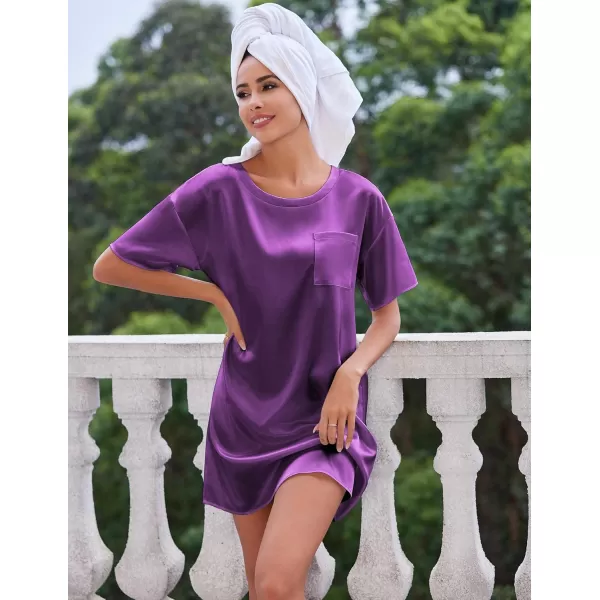 imageEkouaer Silk Sleep Shirts for Women Satin Nightshirt Tshirt Nightgown Sleepwear Shirt Dress With Chest Pocket S2XLBright Purple