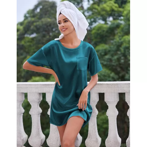 imageEkouaer Silk Sleep Shirts for Women Satin Nightshirt Tshirt Nightgown Sleepwear Shirt Dress With Chest Pocket S2XLDark Blue