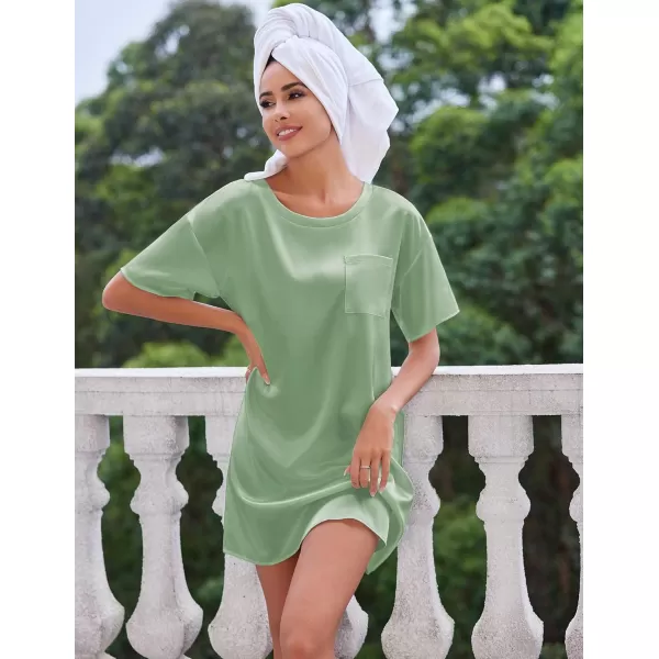 imageEkouaer Silk Sleep Shirts for Women Satin Nightshirt Tshirt Nightgown Sleepwear Shirt Dress With Chest Pocket S2XLGrey Green