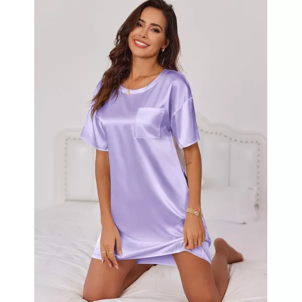 imageEkouaer Silk Sleep Shirts for Women Satin Nightshirt Tshirt Nightgown Sleepwear Shirt Dress With Chest Pocket S2XLLilac