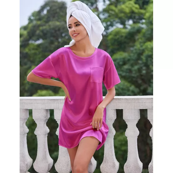 imageEkouaer Silk Sleep Shirts for Women Satin Nightshirt Tshirt Nightgown Sleepwear Shirt Dress With Chest Pocket S2XLRose Red