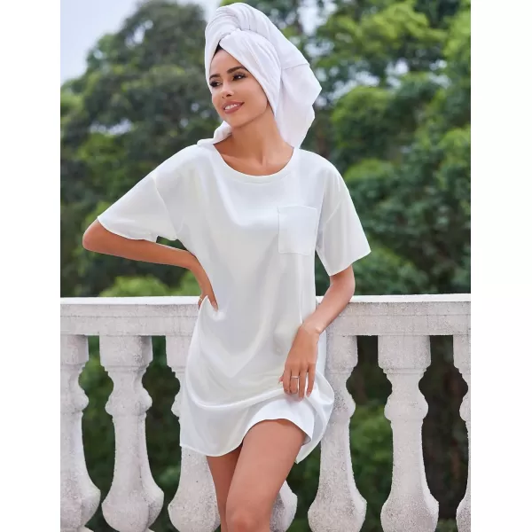 imageEkouaer Silk Sleep Shirts for Women Satin Nightshirt Tshirt Nightgown Sleepwear Shirt Dress With Chest Pocket S2XLWhite