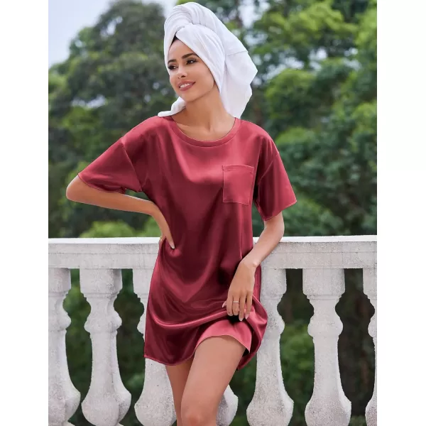 imageEkouaer Silk Sleep Shirts for Women Satin Nightshirt Tshirt Nightgown Sleepwear Shirt Dress With Chest Pocket S2XLWine Red