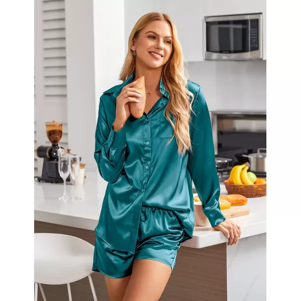 imageEkouaer Womens 2 Piece Satin Pajama Set Long Sleeve PJs Sets Button Down Lounge Sets Soft Sleepwear SetBlue Green