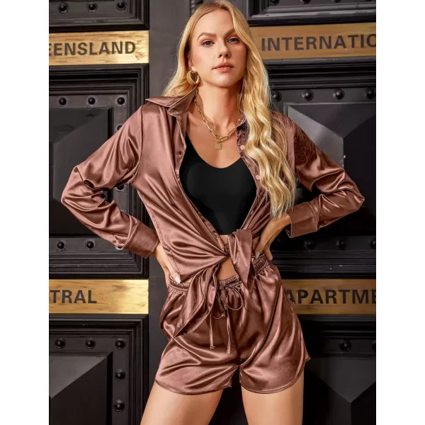 imageEkouaer Womens 2 Piece Satin Pajama Set Long Sleeve PJs Sets Button Down Lounge Sets Soft Sleepwear SetBrown