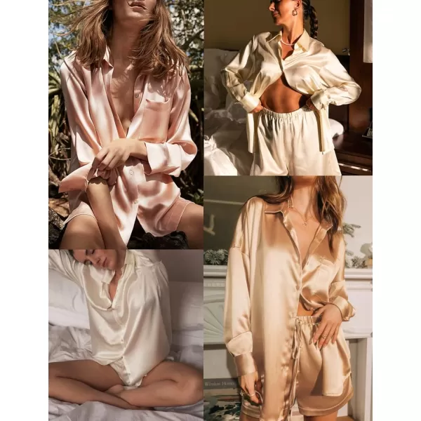 imageEkouaer Womens 2 Piece Satin Pajama Set Long Sleeve PJs Sets Button Down Lounge Sets Soft Sleepwear SetHot Pink