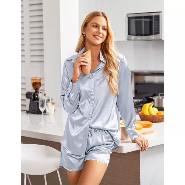 imageEkouaer Womens 2 Piece Satin Pajama Set Long Sleeve PJs Sets Button Down Lounge Sets Soft Sleepwear SetLight Blue