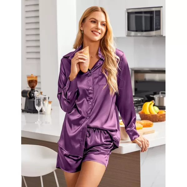 imageEkouaer Womens 2 Piece Satin Pajama Set Long Sleeve PJs Sets Button Down Lounge Sets Soft Sleepwear SetPurple