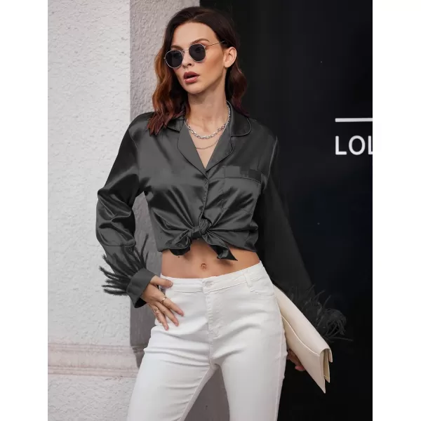 imageEkouaer Womens Bridal Feather Trim Silk Satin Pajama Set Long Sleeve Lounge Sets Sleepwear Removable FeatherBlack Feather