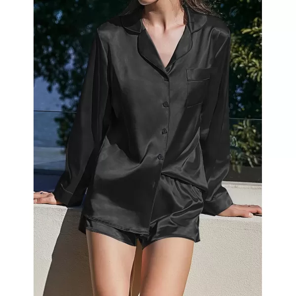 imageEkouaer Womens Bridal Feather Trim Silk Satin Pajama Set Long Sleeve Lounge Sets Sleepwear Removable FeatherBlack Feather