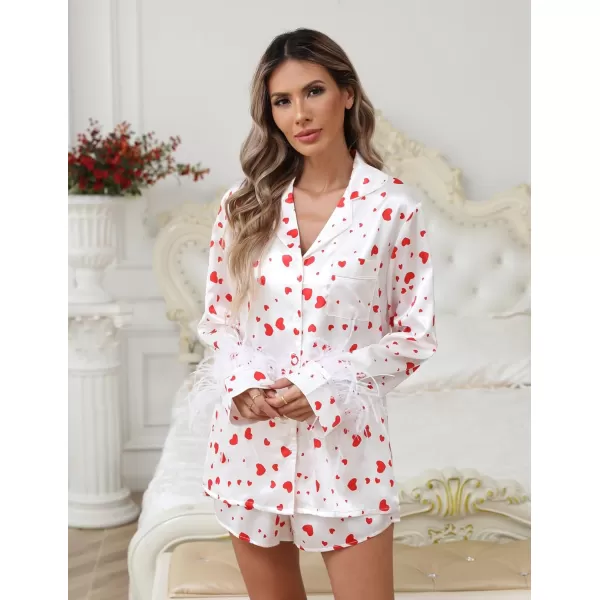 imageEkouaer Womens Bridal Feather Trim Silk Satin Pajama Set Long Sleeve Lounge Sets Sleepwear Removable FeatherHeart Print