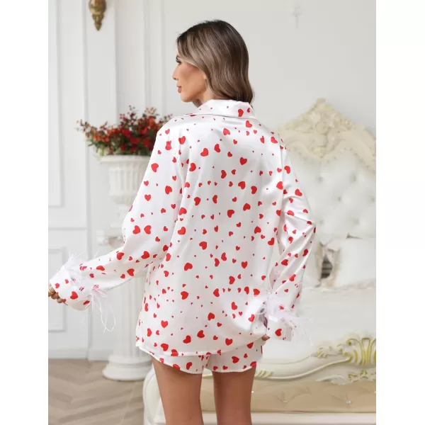 imageEkouaer Womens Bridal Feather Trim Silk Satin Pajama Set Long Sleeve Lounge Sets Sleepwear Removable FeatherHeart Print