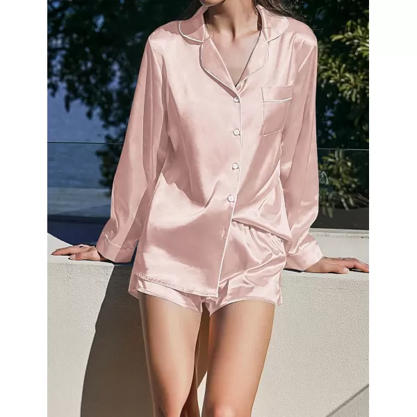 imageEkouaer Womens Bridal Feather Trim Silk Satin Pajama Set Long Sleeve Lounge Sets Sleepwear Removable FeatherPink