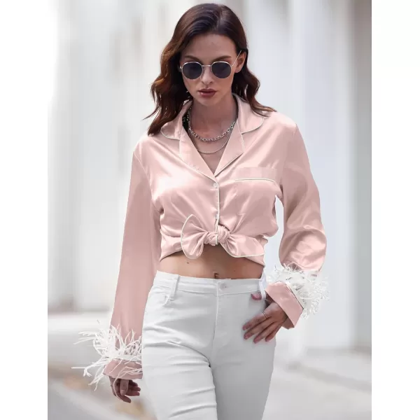imageEkouaer Womens Bridal Feather Trim Silk Satin Pajama Set Long Sleeve Lounge Sets Sleepwear Removable FeatherPink