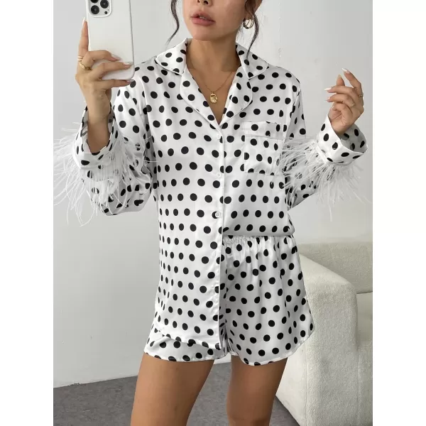 imageEkouaer Womens Bridal Feather Trim Silk Satin Pajama Set Long Sleeve Lounge Sets Sleepwear Removable FeatherWhite Black Polka Dot