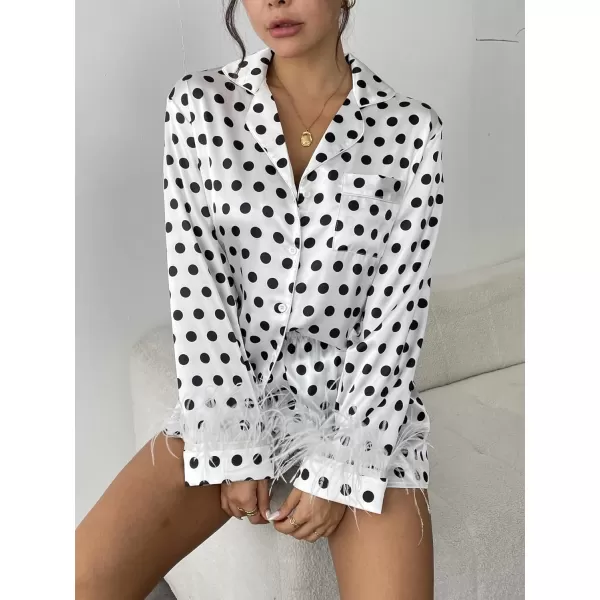imageEkouaer Womens Bridal Feather Trim Silk Satin Pajama Set Long Sleeve Lounge Sets Sleepwear Removable FeatherWhite Black Polka Dot