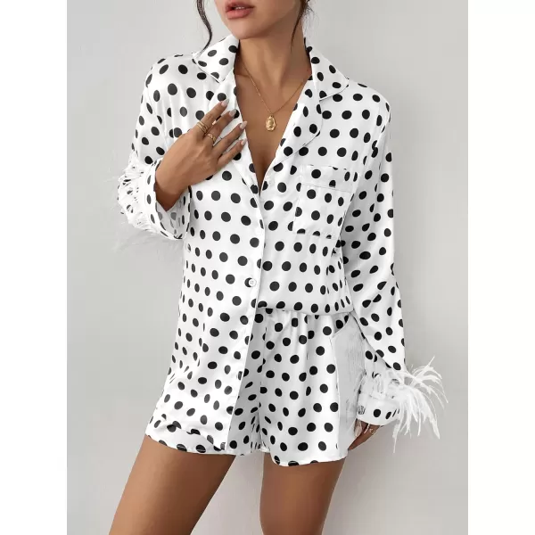 imageEkouaer Womens Bridal Feather Trim Silk Satin Pajama Set Long Sleeve Lounge Sets Sleepwear Removable FeatherWhite Black Polka Dot