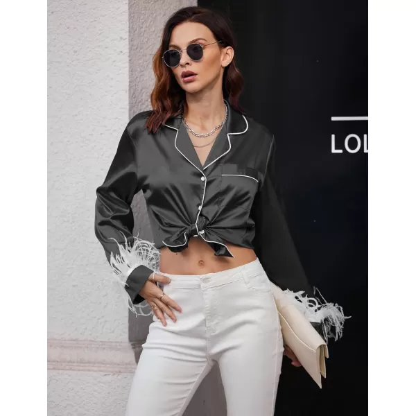 imageEkouaer Womens Bridal Feather Trim Silk Satin Pajama Set Long Sleeve Lounge Sets Sleepwear Removable FeatherWhite Feather