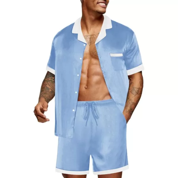 imageEkouaer Men Satin Silk Pajamas Set with Pockets Sleepwear Shorts Satin Summer Loungewear 2 Piece Button Down Set SXXLBlue